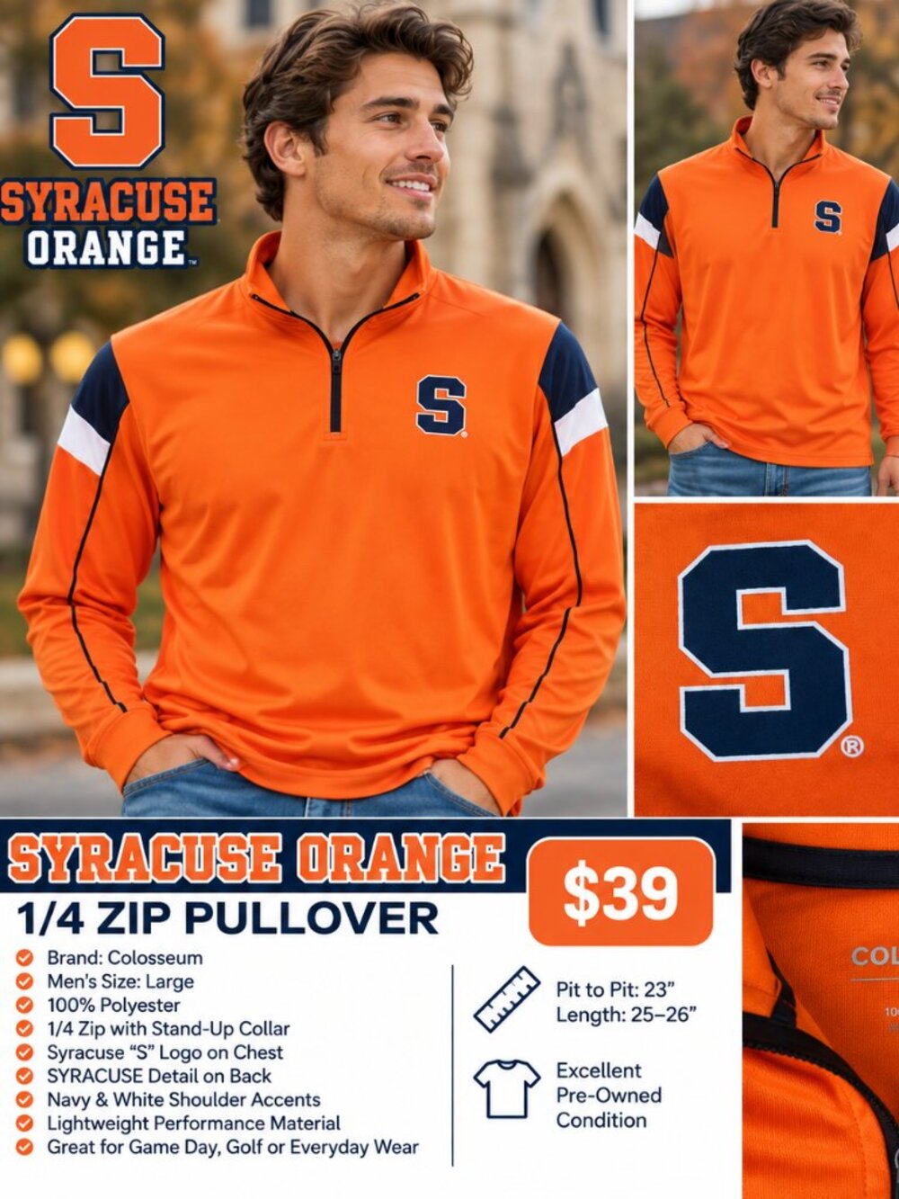 Colosseum Syracuse Orange 1/4 Zip Pullover – Men’s Large